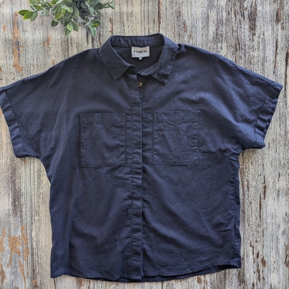 FRNCH Clary Linen Blend Shirt Blue Women's Large - Picture 2 of 6